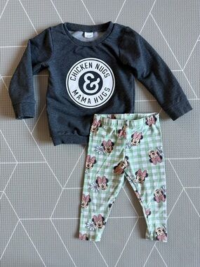 Disney|Baby girl set,Minnie leggings & Charcoal 'Chicken Nugs & Mama Hugs' top•